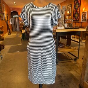 MEROKEETY Navy and White Striped Medium Pocket Dress